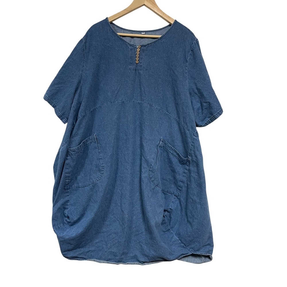 Unbranded Blue Denim Lagenlook Midi Dress 2XL Short Sleeve Cotton X823-11